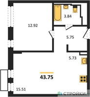 Планировка однокомнатной(квартира) площадью 43.75 квадратных метров в “ЖК Рублевский Квартал”