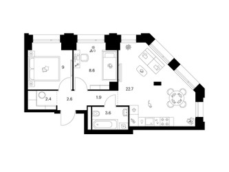Планировка двухкомнатной(квартира) площадью 50.8 квадратных метров в ЖК “ЖК Саларьево парк”