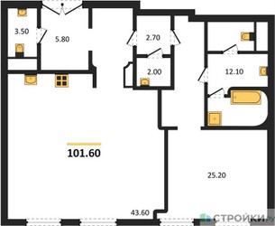 Планировка однокомнатной(квартира) площадью 101.6 квадратных метров в ЖК “ЖК Nicole (Николь)”