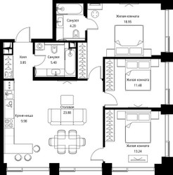 Планировка трехкомнатной(квартира) площадью 90.98 квадратных метров в ЖК “ЖК Сити Бэй”