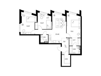 Планировка трехкомнатной(квартира) площадью 84.34 квадратных метров в ЖК “ЖК Ильинские луга”