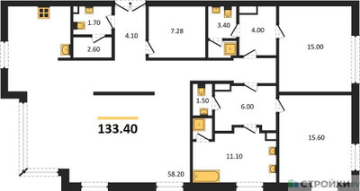 Планировка двухкомнатной(квартира) площадью 133.4 квадратных метров в ЖК “ЖК Nicole (Николь)”