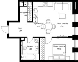 Планировка однокомнатной(квартира) площадью 48.57 квадратных метров в “ЖК Сити Бэй”