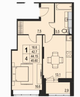Планировка однокомнатной(квартира) площадью 44.5 квадратных метров в “ЖК Ривер-Парк”