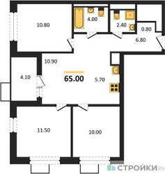 Планировка трехкомнатной(квартира) площадью 65 квадратных метров в ЖК “ЖК Скандинавия”