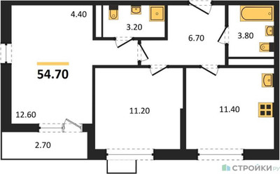 Планировка двухкомнатной(квартира) площадью 54.7 квадратных метров в “ЖК Скандинавия”