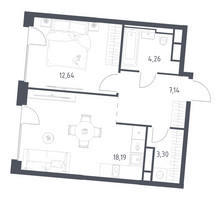 Планировка однокомнатной(квартира) площадью 45.53 квадратных метров в “ЖК Квартал на воде (Графика на воде)”