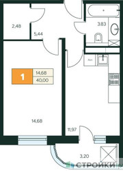Планировка однокомнатной(квартира) площадью 40 квадратных метров в ЖК “Ласточкино”