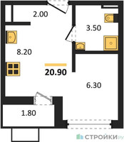 Планировка студии(квартира) площадью 20.9 квадратных метров в “ЖК Бунинские кварталы”