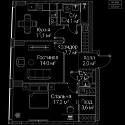 Планировка двухкомнатной(квартира) площадью 61.5 квадратных метров в ЖК “ЖК СЕЗАР БУДУЩЕЕ”
