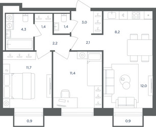 Планировка трехкомнатной(квартира) площадью 58.3 квадратных метров в ЖК “ЖК Равновесие”