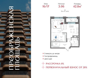 Планировка однокомнатной(квартира) площадью 42.8 квадратных метров в ЖК “ЖК Преображенская Площадь”
