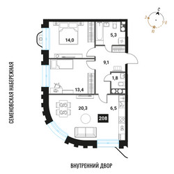 Планировка трехкомнатной(квартира) площадью 70.4 квадратных метров в ЖК “ЖК Интеллигент”
