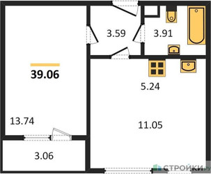 Планировка однокомнатной(квартира) площадью 39.06 квадратных метров в ЖК “Жилые кварталы Новое Пушкино”
