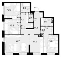 Планировка 4+ комнатной(квартира) площадью 107.2 квадратных метров в “ЖК Crystal Трилогия (Кристал)”