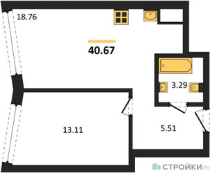 Планировка однокомнатной(квартира) площадью 40.67 квадратных метров в ЖК “UNO Горбунова”