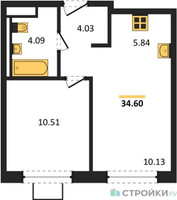 Планировка однокомнатной(квартира) площадью 34.6 квадратных метров в “ЖК Квартал Западный”
