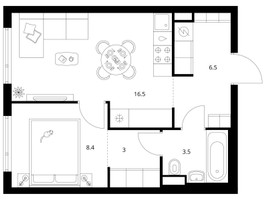 Планировка однокомнатной(квартира) площадью 37.6 квадратных метров в “ЖК Руставели 14”