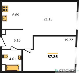 Планировка однокомнатной(квартира) площадью 57.86 квадратных метров в ЖК “Квартал Foriver”