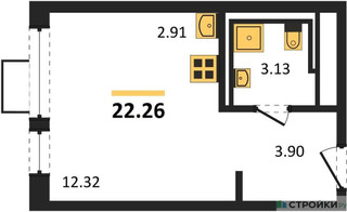 Планировка студии(квартира) площадью 22.26 квадратных метров в “ЖК Молжаниново”