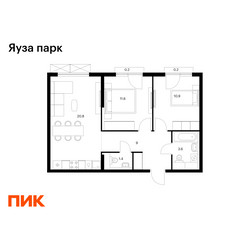 Планировка двухкомнатной(квартира) площадью 57.7 квадратных метров в ЖК “ЖК Яуза Парк (Мытищи)”