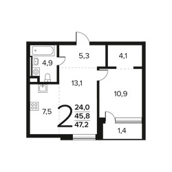 Планировка двухкомнатной(квартира) площадью 47.2 квадратных метров в ЖК “Новые Ватутинки. Заречный”