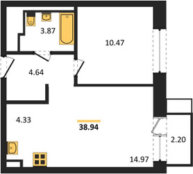Планировка однокомнатной(квартира) площадью 38.94 квадратных метров в ЖК “ЖК Квартал Сабурово”
