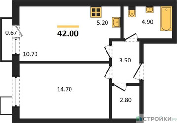 Планировка однокомнатной(квартира) площадью 42 квадратных метров в ЖК “ЖК Skolkovo ONE (Сколково Уан)”