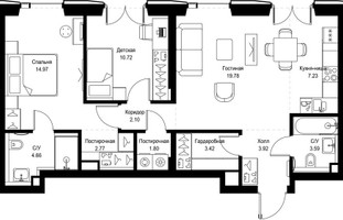 Планировка двухкомнатной(квартира) площадью 74.96 квадратных метров в “ЖК СЕТ”