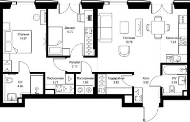 Планировка двухкомнатной(квартира) площадью 74.96 квадратных метров в ЖК “ЖК СЕТ”