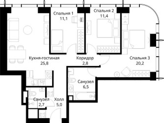 Планировка трехкомнатной(квартира) площадью 85.5 квадратных метров в ЖК “ЖК Сити Бэй”