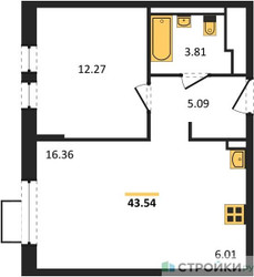 Планировка однокомнатной(квартира) площадью 43.54 квадратных метров в “ЖК Квартал Ивакино”