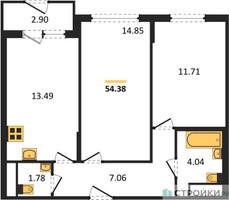 Планировка двухкомнатной(квартира) площадью 54.38 квадратных метров в “ЖК Светлый мир БиоПолис”