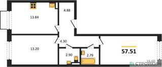 Планировка двухкомнатной(квартира) площадью 57.51 квадратных метров в “ЖК Новое Внуково”