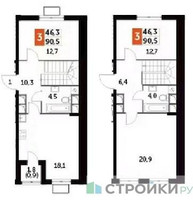 Планировка трехкомнатной(квартира) площадью 90.5 квадратных метров в “ЖК Римский”