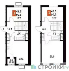 Планировка трехкомнатной(квартира) площадью 90.5 квадратных метров в “ЖК Римский”