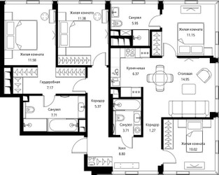 Планировка 4+ комнатной(квартира) площадью 105.42 квадратных метров в ЖК “ЖК Сити Бэй”