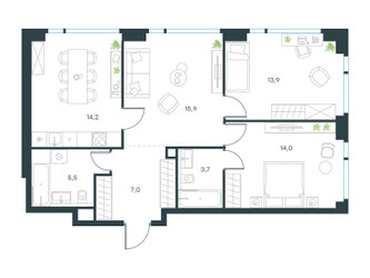 Планировка трехкомнатной(квартира) площадью 75.8 квадратных метров в ЖК “ЖК Level Мичуринский”