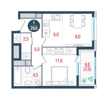 Планировка однокомнатной(квартира) площадью 39 квадратных метров в “ЖК РУСИЧ-Кантемировский”