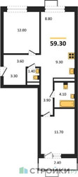 Планировка двухкомнатной(квартира) площадью 59.3 квадратных метров в ЖК “ЖК Родные кварталы”