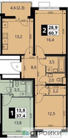 Планировка двухкомнатной(квартира) площадью 60.7 квадратных метров в “ЖК ЮЖНАЯ БИТЦА”