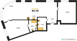 Планировка двухкомнатной(квартира) площадью 94.7 квадратных метров в “ЖК Родина Переделкино”
