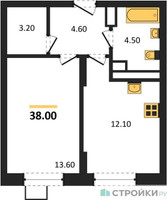 Планировка однокомнатной(квартира) площадью 38 квадратных метров в “ЖК ОБЛАКА-2”