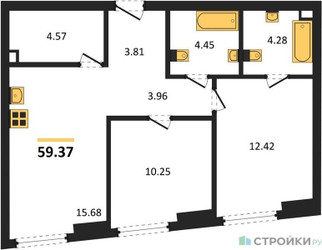 Планировка двухкомнатной(квартира) площадью 59.37 квадратных метров в ЖК “ЖК Гранд Фили”