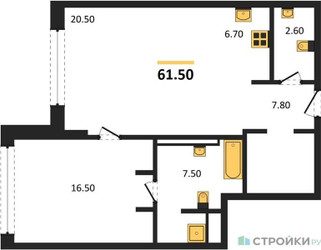 Планировка однокомнатной(квартира) площадью 61.5 квадратных метров в ЖК “ЖК Ренессанс”