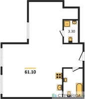 Планировка двухкомнатной(квартира) площадью 61.1 квадратных метров в “ЖК Nametkin Tower (Наметкин Тауэр)”