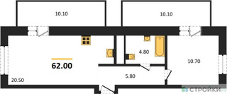 Планировка однокомнатной(квартира) площадью 62 квадратных метров в “ЖК Квартал Метроном”