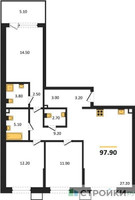 Планировка трехкомнатной(квартира) площадью 97.9 квадратных метров в “ЖК Дзен-кварталы”