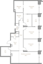 Планировка трехкомнатной(квартира) площадью 131.8 квадратных метров в ЖК “ЖК Коллекция Лужники”