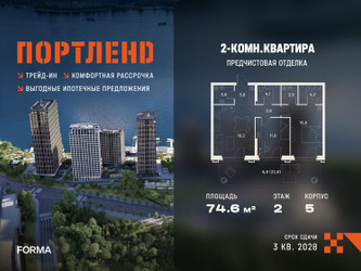 Планировка двухкомнатной(квартира) площадью 74.6 квадратных метров в ЖК “ЖК Портленд”